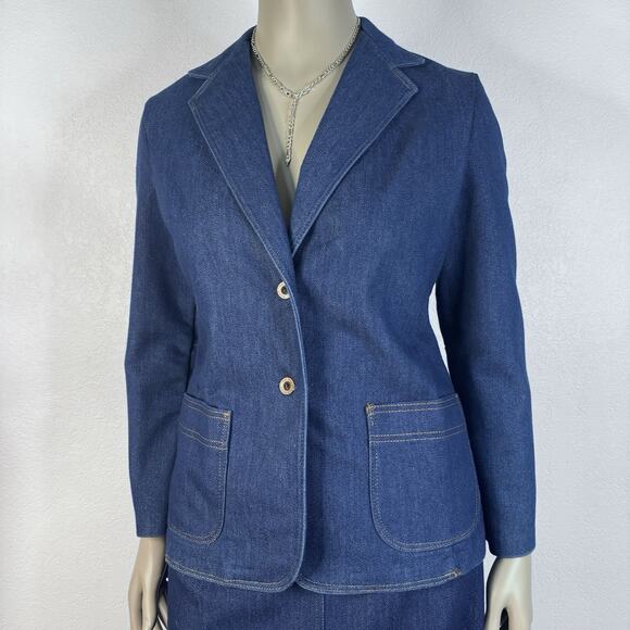 Vintage 70s Mr. Mort Denim Jean Skirt Suit 2 Piece Blazer Jacket & Skirt Set USA - Picture 3 of 12